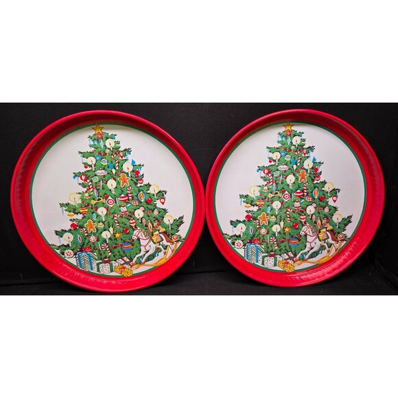 Vintage 1980s Metal Tin Decorative or Serving Christmas Trays Set of 2 - Picture 1 of 7